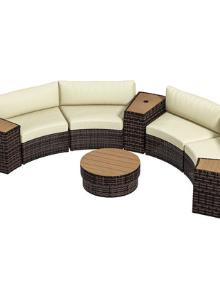 8 Piece Patio Furniture Set with 4 Rattan Sofa Chairs & 4 Tables with Storage & Umbrella Hole, Mixed Brown