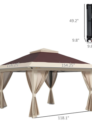13' x 13' Pop Up Gazebo Instant Canopy Tent Shelter with 2-Tier Roof, Carry Bag, Wight Bags for Outdoor, Garden, Brown