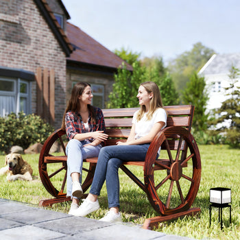 41" Wooden Wagon Wheel Bench, Rustic Outdoor Patio Bench Weather Resistance Furniture, 2-Person Slatted Seat with Backrest, Carbonized