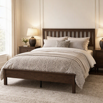 Queen Size Bed Frame with Headboard and Footboard, Mid-Century Modern Wood Platform Bed Frame, Walnut