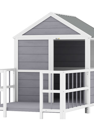 Outdoor Dog House, 61"L Wooden Dog House with Porch, Weatherproof Roof, Elevated Base, Air Vents & Observation Windows