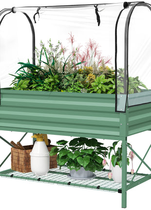 Raised Garden Bed with Legs and Cover, Metal Elevated Planter Box with Bottom Shelf and Liner for Vegetables, Green