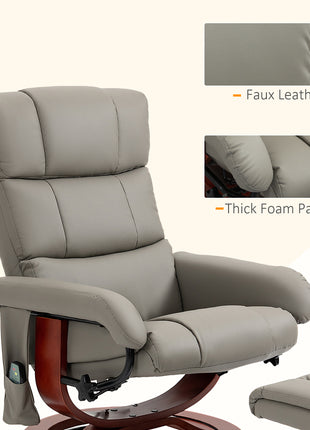 Massage Recliner Chair with Ottoman, Swivel Recliner and Footrest, Faux Leather Reclining Chair with Remote Control, 10 Vibration Point and Side Pocket, Gray