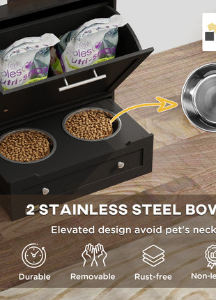 Pet Feeder Station Storage Cabinet, Dog Food Storage Container with Dog Raised Bowls, Watering Supplies, Black