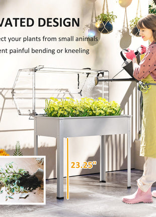 Elevated Garden Box with Greenhouse Cover, Raised Garden Bed with Legs and Drainage Hole for Vegetables, White
