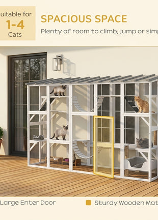 118" Large Outdoor Catio Cat Enclosure with Condos, Bridges & Posts, White