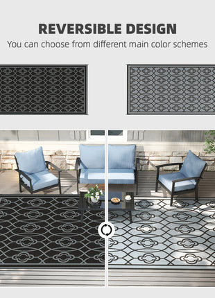Reversible Outdoor Rug, Waterproof Plastic Straw with Carry Bag, 9' x 18', Black & Gray Lantern