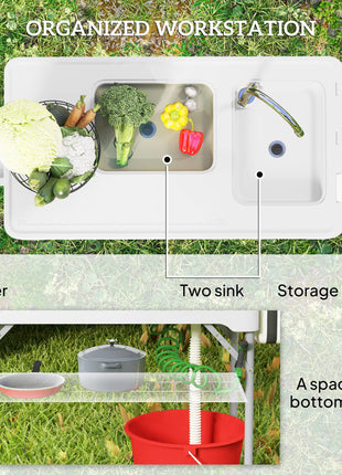Folding Fish Cleaning Table with Sinks, Portable Camping Sink Table with Faucet, Drainage Hose, Sprayer, Shelf, Drawer and Storage Basket, Outdoor Fillet Table for Picnic Beach Patio, White