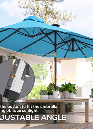 Double-sided Patio Umbrella, 9.7' Outdoor Umbrella with Tilt and Crank, LED Solar Light and 12 Ribs, Light Blue