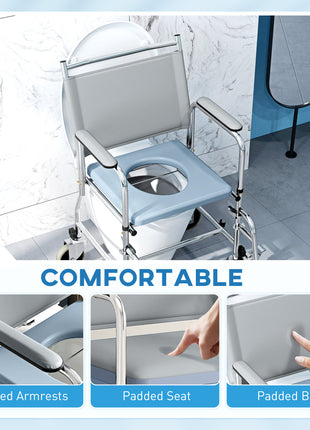Rolling Shower Chair, Bedside Commode Wheelchair with Padded Seat, Backrest, for Seniors, Disabled, 300 lbs, Gray