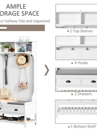 3-in-1 Hall Tree, Entryway Bench with Coat Rack, Mudroom Bench with Shoe Rack, 2 Storage Drawers, 4 Hooks and Padded Seat Cushions for Hallway, White
