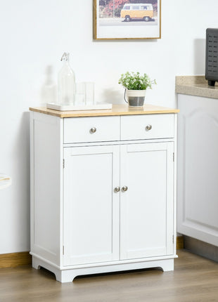 Kitchen Storage Cabinet, Sideboard Floor Cupboard with Solid Wood Top, Adjustable Shelf, and 2 Drawers for Living Room, and Hallway, White