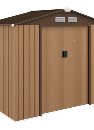 7' x 4' Outdoor Storage Shed, Garden Tool House w/ Foundation Kit Vents & Sliding Doors for Backyard Patio, Brown