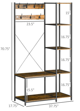 Industrial Hall Tree with Side Storage Shelves, Entryway Bench with Coat Rack, Freestanding Coat Tree with Shoe Storage and Hooks, Rustic Brown