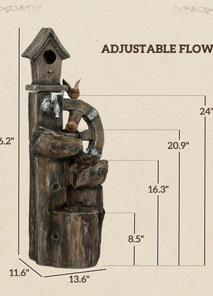 Outdoor Water Fountain, Decorative Garden Birdhouse, 3-Tier Cascading Waterfall with LED Lights and Water Wheel, Soothing Tranquility for Home Garden, Yard Decor
