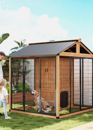 7' x 6' Extra Large Dog House, Wood Outdoor Dog Kennel with Storage Cabinet, Stainless Steel Bowls, Light Yellow