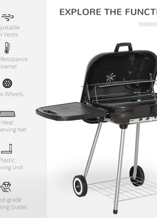 22" Charcoal Barbecue Grill with Portable Wheel, Side Tray and Lower Shelf for Outdoor BBQ for Garden, Backyard, Poolside