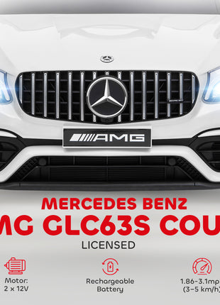 12V Toddler Ride On Car with Remote Control, Mercedes Benz AMG GLC63S Coupe, Electric Car with 2 Speed, MP3 Player, Light, Horn, Songs, Suspension, White