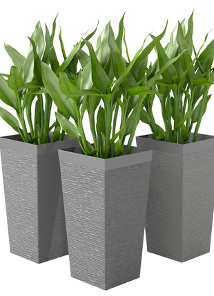 22.8 Inch Set of 3 Outdoor Planters with Stone Finish and Wheels, Stackable Tapered Planters with Drainage Hole, Gray