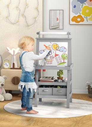 Double Sided Easel for Kids, Standing Toddler Easel with Paper Roll, Magnetic Whiteboard, Chalkboard & Storage, Gray