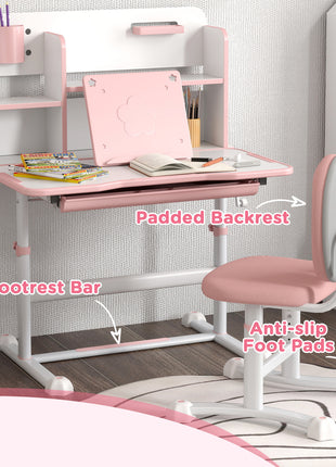 Height Adjustable Kids Desk and Chair Set for Writing Drawing w/ Tilt Desktop, Storage Drawer and Reading Rack, Pink