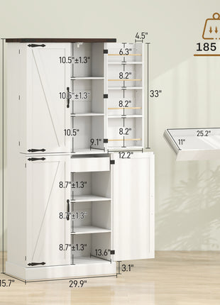 72" Tall Kitchen Pantry Cabinet, Farmhouse Storage Cabinet with 8 Door Racks and Adjustable Shelves, White