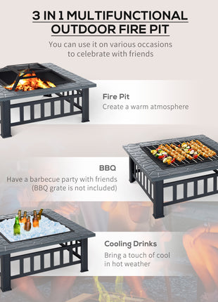 34" Outdoor Fire Pit Square Steel Wood Burning Firepit Bowl with Spark Screen, Waterproof Cover, Log Grate, Poker for Backyard, Camping, BBQ, Bonfire