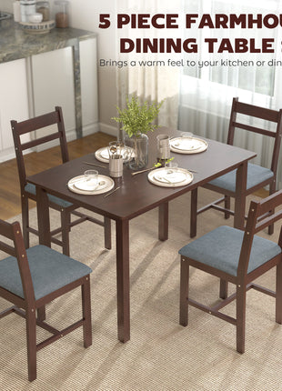 5-Piece Solid Wood Dining Table Set for 4, Farmhouse Kitchen Table with Upholstered Chairs for Dining Room, Walnut