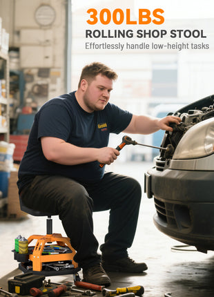 Rolling Creeper Garage Stool, 300 LBS Capacity Mechanic Stool with 360° Wheels, Tool Tray, Adjustable Height, Yellow