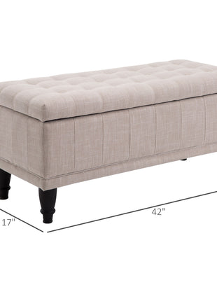 Storage Ottoman, Linen Fabric Button Tufted Storage Bench with Soft Close Lid for Living Room, Entryway or Bedroom, Beige