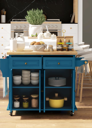 Kitchen Island on Wheels, Rolling Cart with Rubberwood Top, Spice Rack, Towel Rack and Drawers, Turquoise