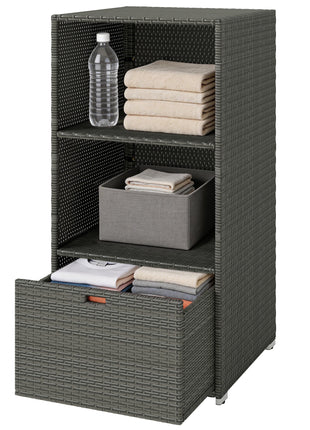 Valet Pool Towel Rack, Water-Resistant PE Plastic Rattan Wicker Storage Organizer, 2 Shelves, 1 Basket Drawer, Dark Gray