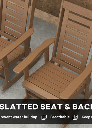 2 Pieces Outdoor Rocking Chairs, HDPE Patio Rockers with 28" High Back, Wide Armrests for Porch Backyard, Brown