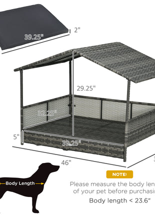 Outdoor Dog Bed with Canopy, Rattan Dog Bed with Soft Cushion Removable Cover for Medium and Large Dogs, Dark Gray