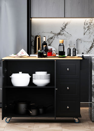Storage Trolley Cart on Wheels, Mobile Kitchen Island with Drop Leaf, Towel/Spice Rack, 3 Drawers, 2-Door Cabinet, Black
