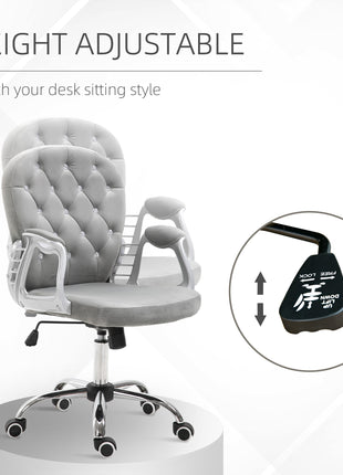 Velvet Home Office Chair, Button Tufted Desk Chair with Padded Armrests, Adjustable Height and Swivel Wheels, Gray