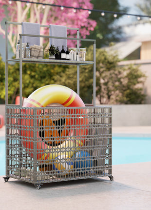Wicker Pool Float Storage Organizer, PE Rattan Pool Float Holder with Basket Shelf Towel Bars, Rolling Pool Caddy for Floaties, Noodles, Life Vests, Beach Balls, Mixed-Gray
