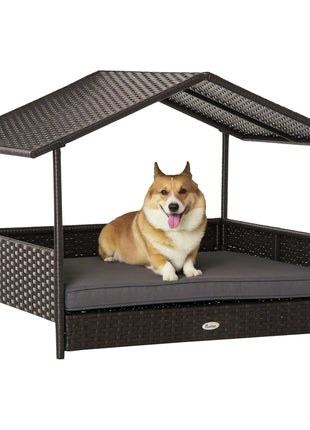 Wicker Dog House Outdoor with Canopy, Rattan Dog Bed with Water-resistant Cushion, Raised Pet Bed for Small, Medium Breeds up to 66 lbs, 20" in Length, Brown Wicker, Gray Cushion