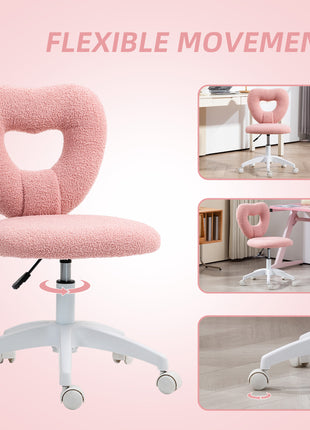 Armless Computer Desk Chair, Office Task Chair, Teddy Fleece Heart Makeup Vanity Chair with Swivel Wheels, Pink