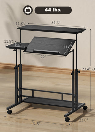 Adjustable Standing Desk with Power Outlets, Stand Up Desk with Tiltable Tabletop, Wheels, Shelf, for Home Office, Black