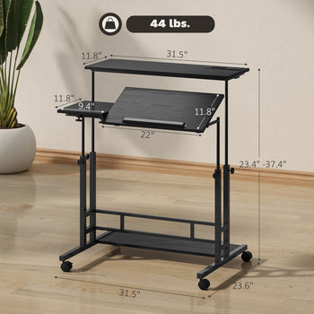 Adjustable Standing Desk with Power Outlets, Stand Up Desk with Tiltable Tabletop, Wheels, Shelf, for Home Office, Black