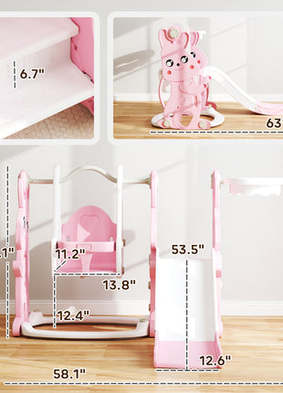 4 in 1 Toddler Slide and Swing Set with Climber, Basketball Hoop, Rabbit Themed Kids Playset for Ages 1.5-4, Pink