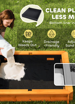 Wooden Kids Sandbox with Cover, Children Outdoor Sand Box with Foldable Bench Seats and Adjustable Canopy, Brown