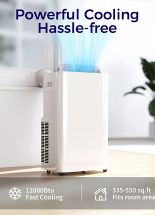 12000 BTU Portable Air Conditioner with Remote Control, Free Standing AC Unit with Built-in Cool, Dehumidifier, Fan Modes for Room Up to 550 Sq.Ft., 24 Hour Timer, Window Installation Kit