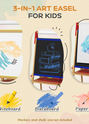 3 in 1 Easel for Kids with Paper Roll, Whiteboard, Chalkboard, Double Sided & Adjustable Height, Nature Wood
