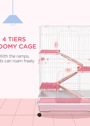 32"L 4-Level Small Animal Cage Rabbit Hutch with Wheels, Slide-out Tray for Bunny, Chinchillas, Ferret, Pink