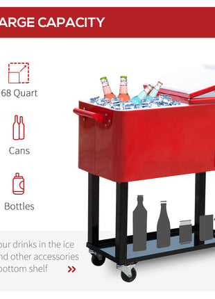 80 QT Rolling Cooling Bins Ice Chest on Wheels Outdoor Stand Up Drink Cooler Cart for Party, Red