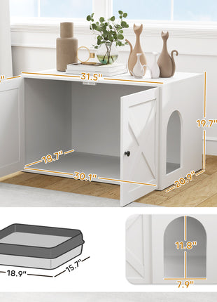 Cat Litter Box Enclosure with Barn Door, Cat Hole, 31.5" x 21" x 20", White