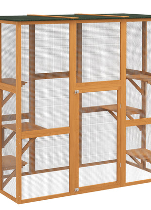 Outdoor Cat House Big Catio Wooden Feral Cat Shelter Enclosure with Large Spacious Interior, 6 High Ledges, Weather Protection Asphalt Roof, 71" L, Orange