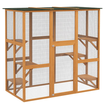Outdoor Cat House Big Catio Wooden Feral Cat Shelter Enclosure with Large Spacious Interior, 6 High Ledges, Weather Protection Asphalt Roof, 71" L, Orange